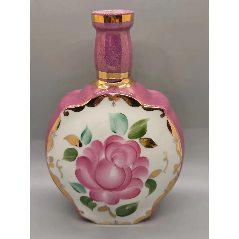 RARE vintage Soviet porcelain decanter pink rose w/ gold-gilded accents